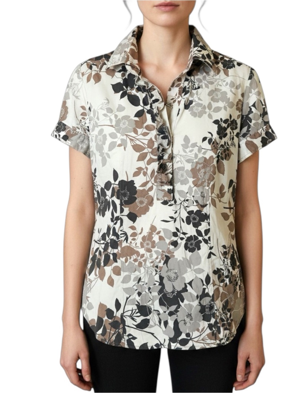 New York & Company Sz MEDIUM Cream Floral Short-Sleeve Ruffle Button Top Blouse